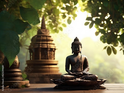 Buddha statue with temple background and Bokeh nature  Vesak day celebration - Generative Ai