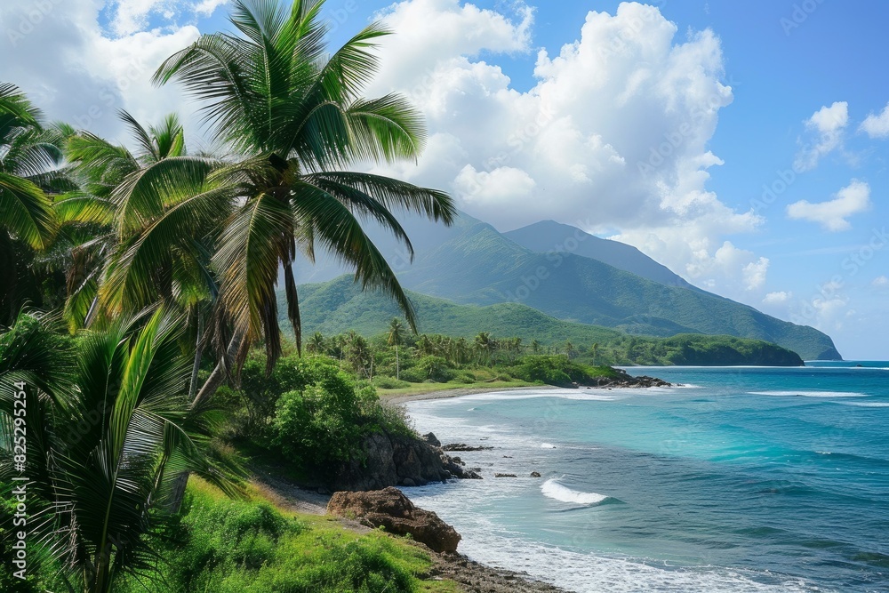 Exotic and pristine tropical paradise beach landscape with palm trees. Lush greenery. Tranquil blue sky. And clear turquoise water Exotic and pristine tropical paradise beach landscape with palm trees. Lush greenery. Tranquil blue sky. And clear turquoise water