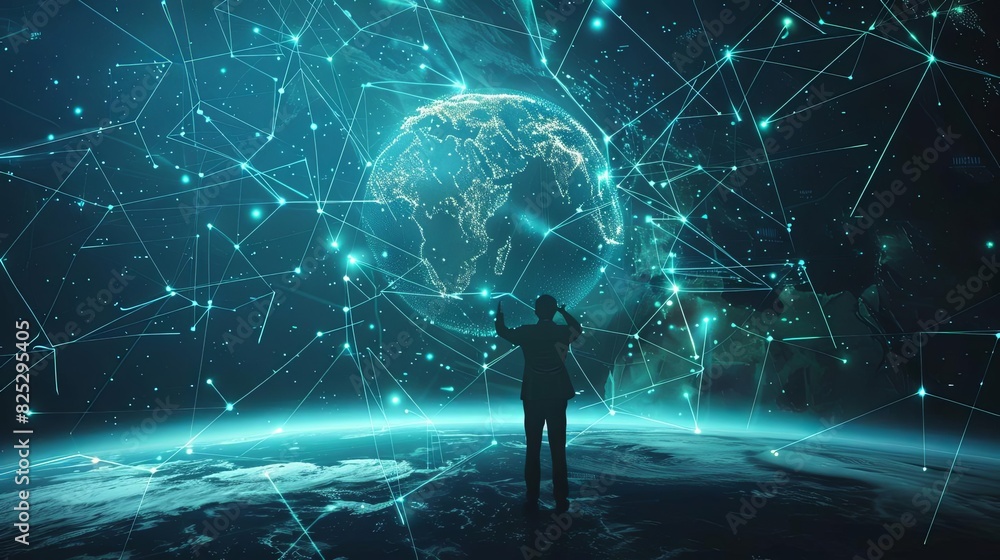 futuristic businessman presenting holographic global partnership network glowing digital illustration futuristic businessman presenting holographic global partnership network glowing digital illustration