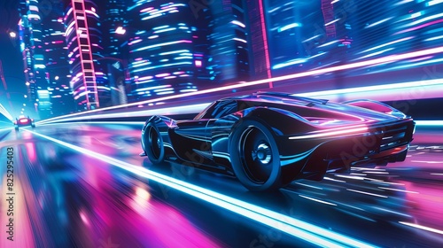 futuristic car speeding through neon mega cyber city at night 3d illustration