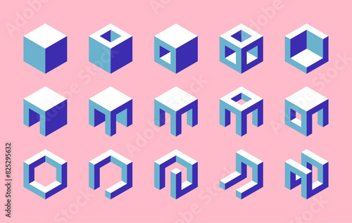 Set of isometric cubes. 3D vector geometric shapes. Collection of isolated modern architectural elements.