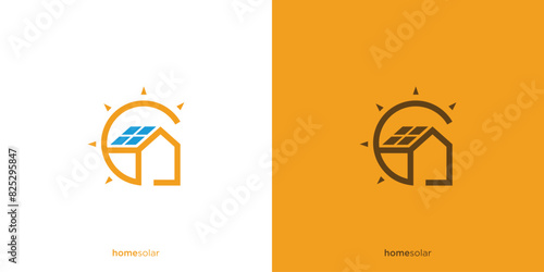 Solar Home Logo Design. Solar Panel on Roof with Home and Sun Symbol. Renewable Energy Solar Power Logo, Icon, Symbol, Vector, Design Template.