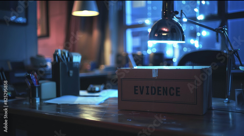 Box of evidence on a desk in a police station