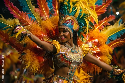 Joyous female dancer celebrates with a bright feather headdress and costume at a night carnival parade