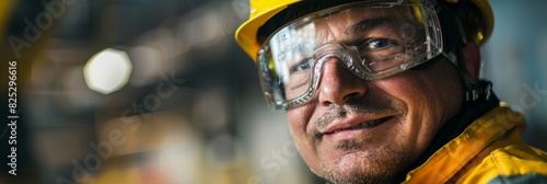 A close-up of a construction workers face wearing safety goggles and a hard hat while smiling during a fireplace construction