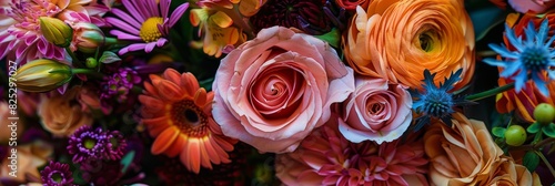 Close-up view of a vibrant bouquet of colorful flowers  showcasing the intricate details of each bloom in sharp focus