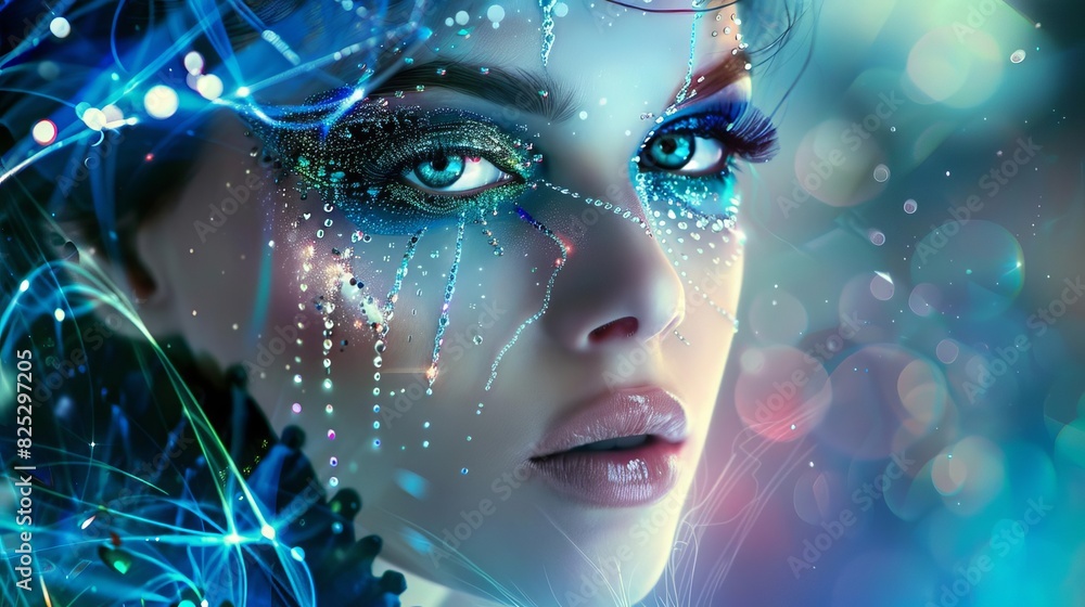 futuristic fashion portrait of beautiful young woman with artistic abstract makeup and accessories digital art futuristic fashion portrait of beautiful young woman with artistic abstract makeup and accessories digital art