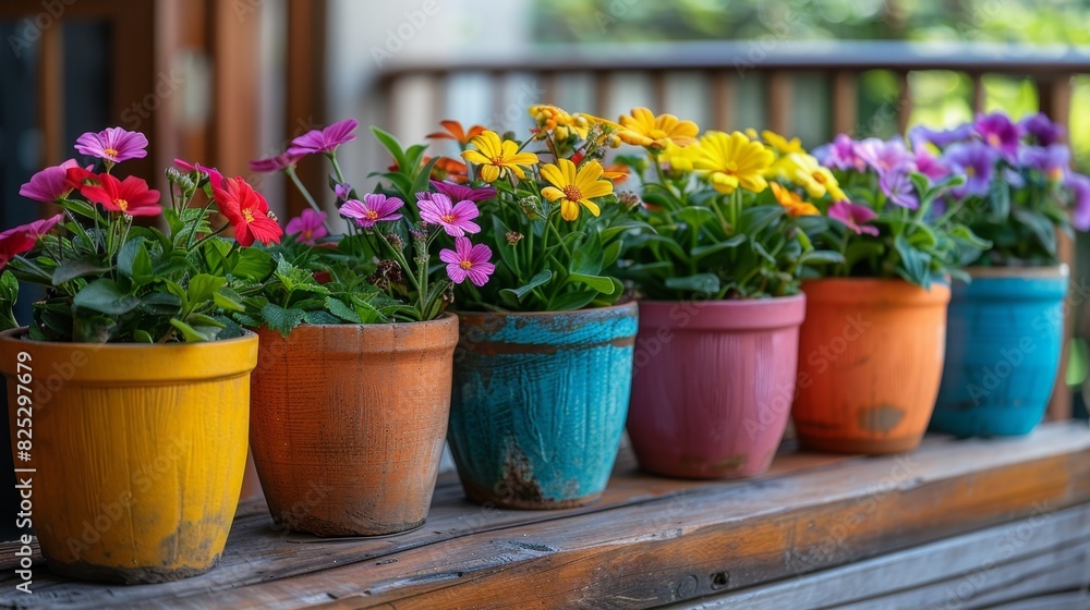 arrangement of vibrant flower pots on balcony with miniature gardening tools, showcasing urban gardening concept arrangement of vibrant flower pots on balcony with miniature gardening tools, showcasing urban gardening concept