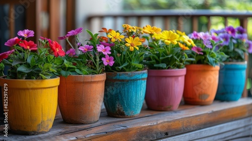 arrangement of vibrant flower pots on balcony with miniature gardening tools, showcasing urban gardening concept