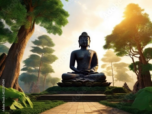 Buddha statue with temple background and Bokeh nature, Vesak day celebration - Generative Ai