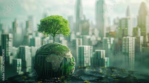 futuristic green metropolis with globe and tree sustainable city development concept digital art