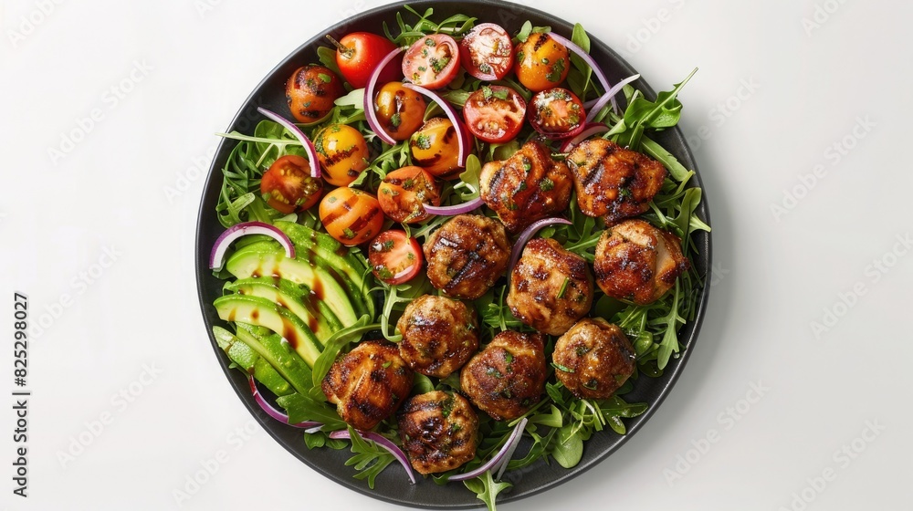 A bright and colorful salad with mixed greens, sliced avocado, cherry tomatoes, and meatballs tossed in dressing, beautifully presented on an elegant plate against a clean white backdrop. A bright and colorful salad with mixed greens, sliced avocado, cherry tomatoes, and meatballs tossed in dressing, beautifully presented on an elegant plate against a clean white backdrop.