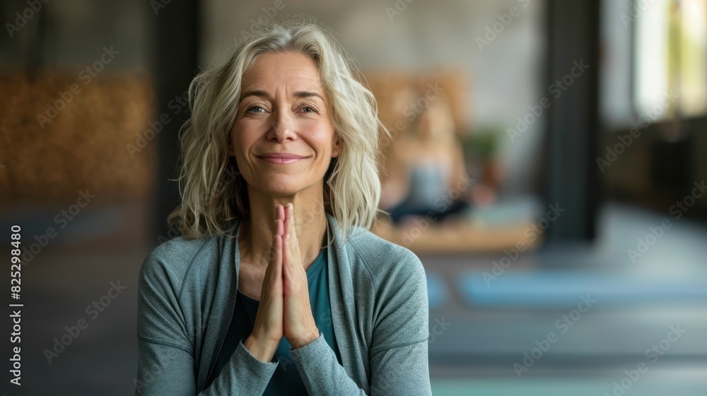 Fototapeta premium Smiling Mature woman meditating posing at a gym, pilates or yoga studio. 