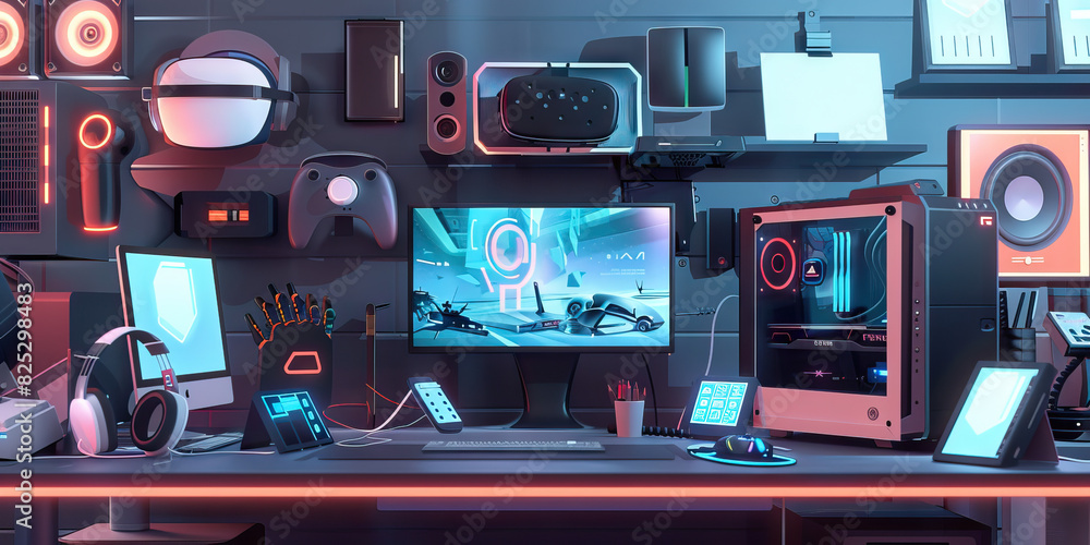 Tech desk modern surrounded by cutting edge products brand new. Tech desk modern surrounded by cutting edge products brand new.