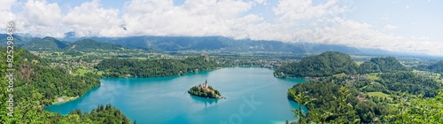 Panorama of Lake Bled in Slovenia with a view of the church and the city