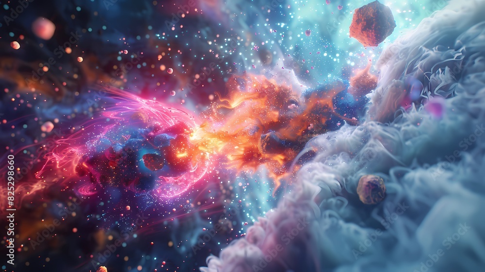 A scene of a particle splash, with a background of particles of matter and energy A scene of a particle splash, with a background of particles of matter and energy