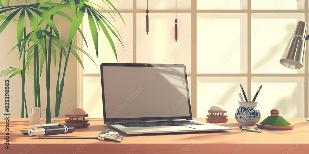 Japanese Zen Desk: A simple, uncluttered workspace with a laptop, fountain pen, and zen garden accessories, evoking the principles of harmony, simplicity, and focus in traditional Japanese aesthetics Japanese Zen Desk: A simple, uncluttered workspace with a laptop, fountain pen, and zen garden accessories, evoking the principles of harmony, simplicity, and focus in traditional Japanese aesthetics