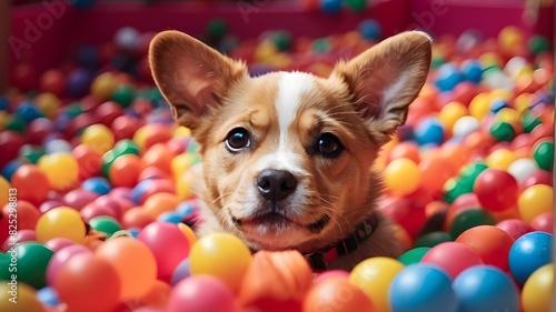 portrait of puppy in colourful ball pit © Uzair