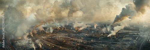 A high-angle view of a large factory filled with smoke, highlighting the industrial activities and environmental impact photo