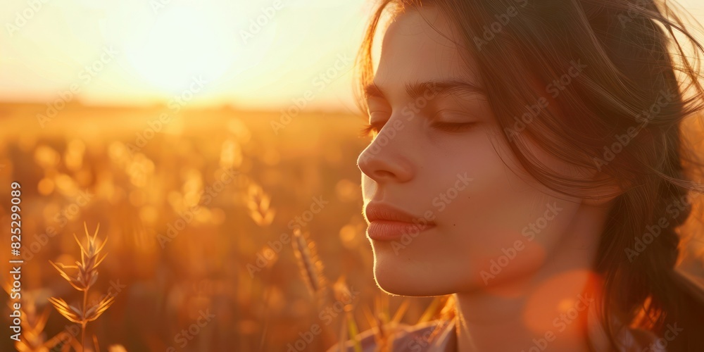 Backlit Portrait of calm free woman with charming eyes enjoys a beautiful moment life on the fields at sunset. Backlit Portrait of calm free woman with charming eyes enjoys a beautiful moment life on the fields at sunset.