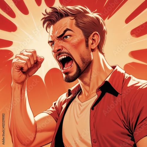 angry man screaming, mostly red colors