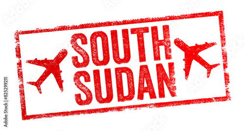 South Sudan a landlocked republic in NE Africa, in the Sahel region, text emblem stamp with airplane