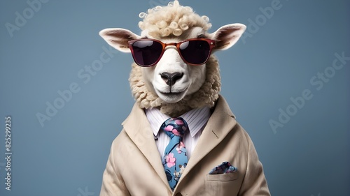 Stylish animal posing as supermodel  sheep with a cool appearance and a quirky fashion attire that includes a jacket  tie  sunglasses  and a plain background