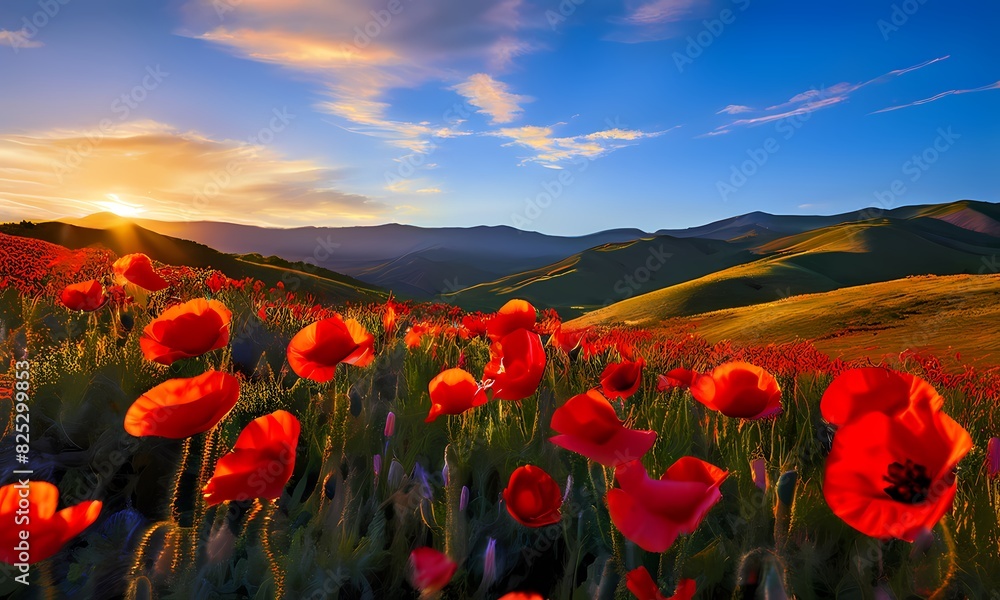 Obraz premium Super bloom blooming spectacularly in northern a riot of colors contrasted against the verda, Ai Generated
