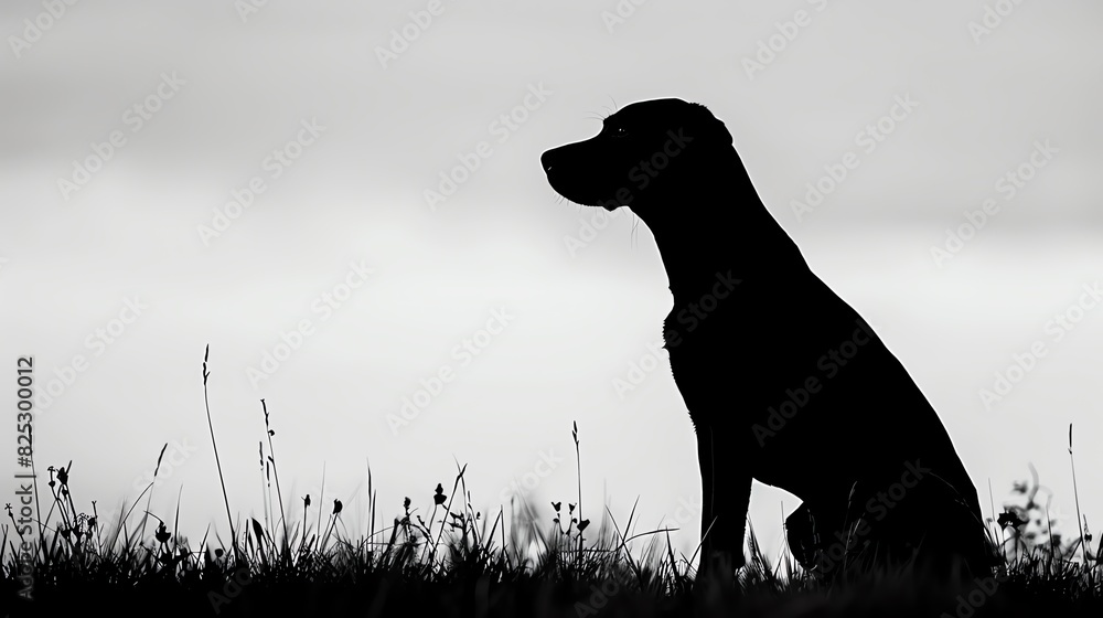 Silhouette of a dog sitting on grass at dusk, showcasing the serene and calm atmosphere of nature in black and white. Silhouette of a dog sitting on grass at dusk, showcasing the serene and calm atmosphere of nature in black and white.