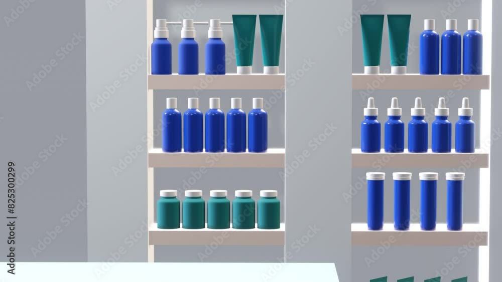 Pharmacy interior with medicines and equipment. Minimal modern motion design. Abstract animation Pharmacy interior with medicines and equipment. Minimal modern motion design. Abstract animation