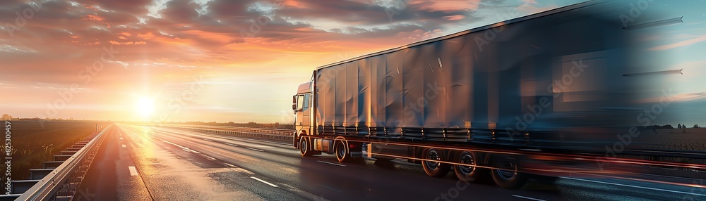Speeding truck on a highway during a vibrant sunset, symbolizing fast transportation and logistics services.