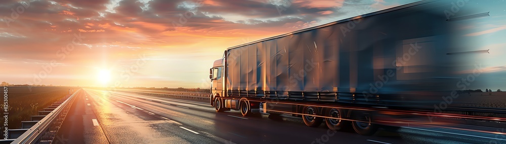 Speeding truck on a highway during a vibrant sunset, symbolizing fast transportation and logistics services. Speeding truck on a highway during a vibrant sunset, symbolizing fast transportation and logistics services.