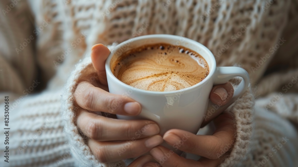 Cozy Virtual Meeting: Close-up of Person's Hands Holding Coffee Cup, Home Office Setting Cozy Virtual Meeting: Close-up of Person's Hands Holding Coffee Cup, Home Office Setting