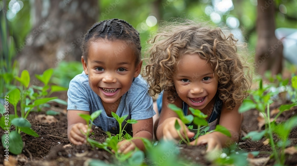 community gardening, two kids gleefully planting seeds in a community garden with a joyful african american volunteer, sun shining, veggies growing nearby, promoting love for nature and sustainable community gardening, two kids gleefully planting seeds in a community garden with a joyful african american volunteer, sun shining, veggies growing nearby, promoting love for nature and sustainable