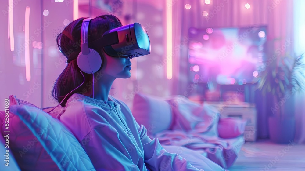 futuristic woman immersed in virtual reality metaverse at home 3d illustration futuristic woman immersed in virtual reality metaverse at home 3d illustration