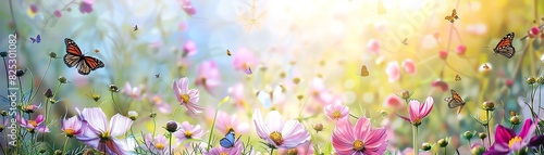 Vibrant spring meadow in full bloom with colorful flowers and butterflies, bathed in warm sunlight, creating a magical and serene atmosphere. photo