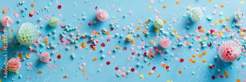 Topdown view of vibrant confetti scattered on a pastel blue wall, creating a festive and celebratory atmosphere