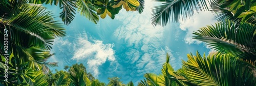 View the sky through the lush palm tree leaves  creating a natural frame overhead