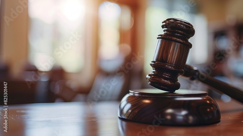 gavel on judges desk in courtroom symbol of justice and legal system closeup photo