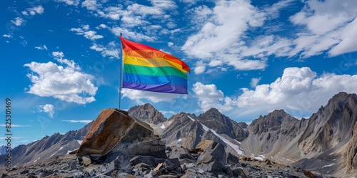 Pride and Elevation: Rainbow Flag Fluttering on Mountain Summit with Spacious Background