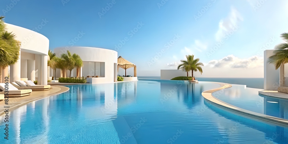 Fototapeta premium Private Swimming Pool with panoramic sea view at luxury villa, sun loungers, clear water.