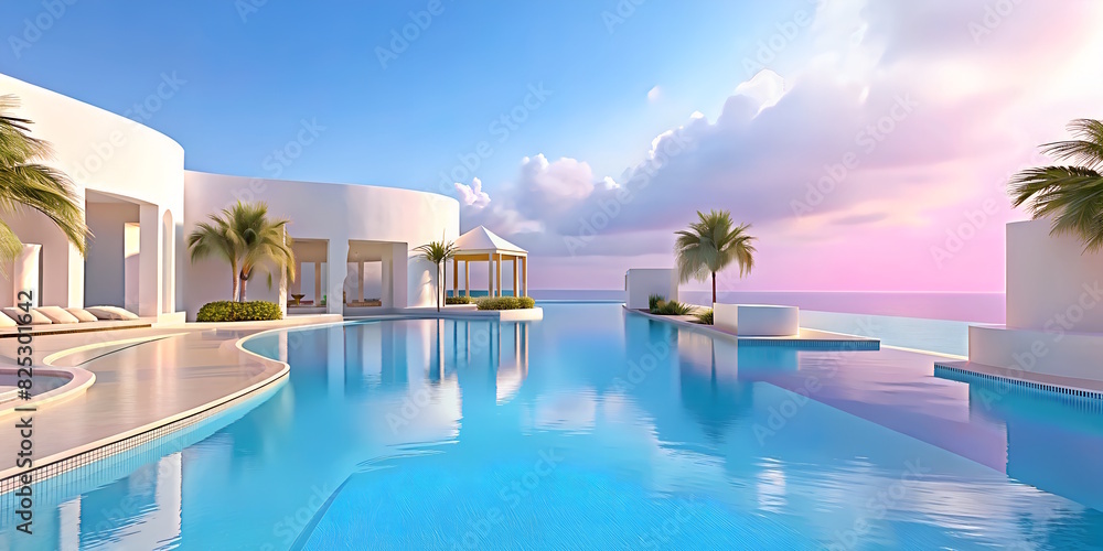 Private Swimming Pool with panoramic sea view at luxury villa, sun loungers, clear water.
