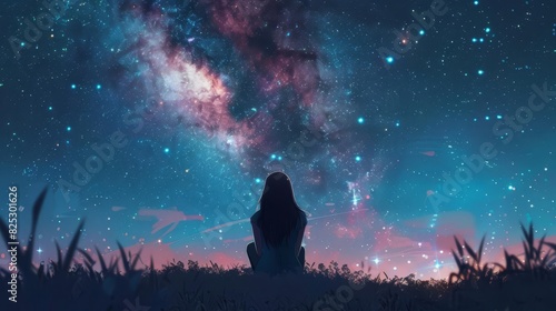 girl gazing at starry night sky with glowing galaxy concept of hope and peace digital art photo
