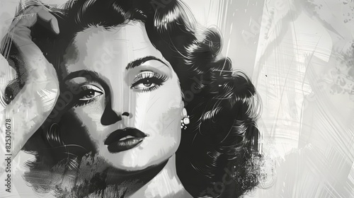 glamorous vintage hollywood actress in timeless black and white portrait digital painting