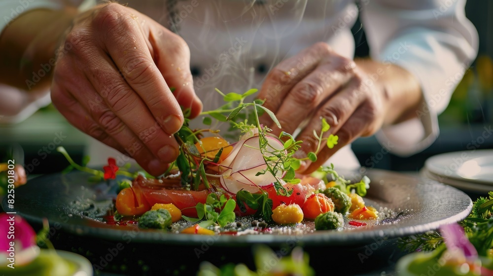 Skilled Chefâ€™s Hands Artfully Plating Vibrant Gourmet Dish | Culinary Arts Close-up