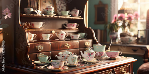 Wallpaper Mural British Tea Party Hostess's Desk: A lovely desk in a cozy sitting room, with an array of delicate tea cups, saucers, and spoons Torontodigital.ca