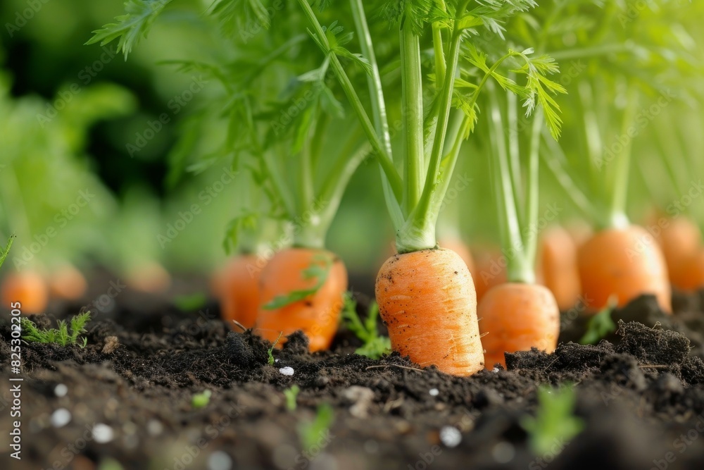 Vibrant carrots growing in fertile garden soil, symbolizing healthy organic farming Vibrant carrots growing in fertile garden soil, symbolizing healthy organic farming