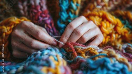 Creative Knitting: Close-up of Hands Crafting with Colorful Yarn, Detailed Texture for DIY Hobby and Handicraft Concept © banthita166