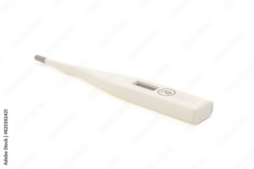 White digital thermometer isolated on white background with copy space. Close-up view. White digital thermometer isolated on white background with copy space. Close-up view.