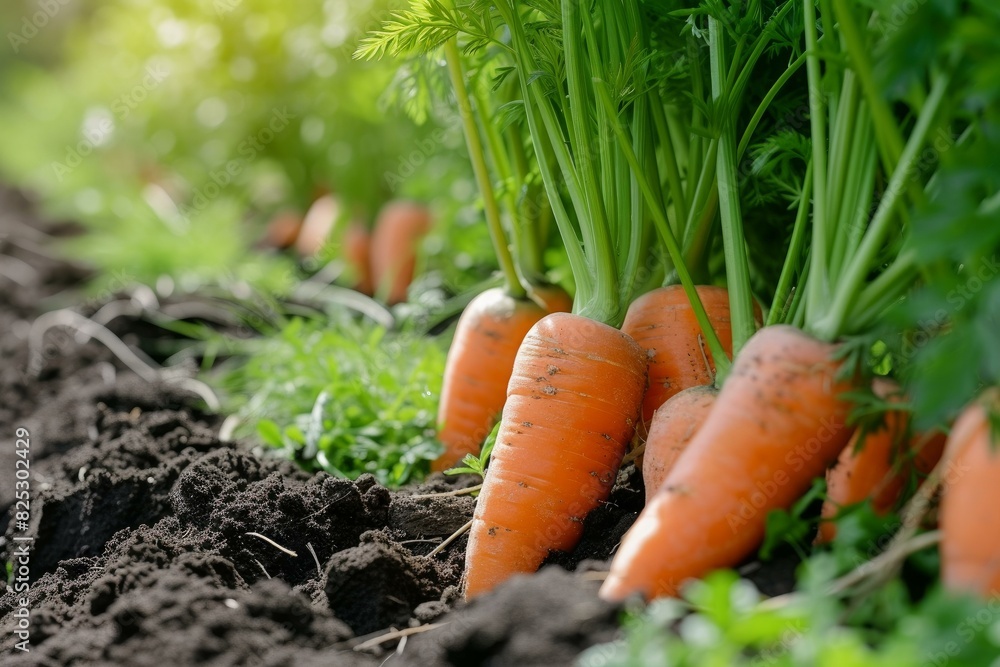 Vibrant carrots with lush green tops thrive in fertile garden soil in this closeup image Vibrant carrots with lush green tops thrive in fertile garden soil in this closeup image